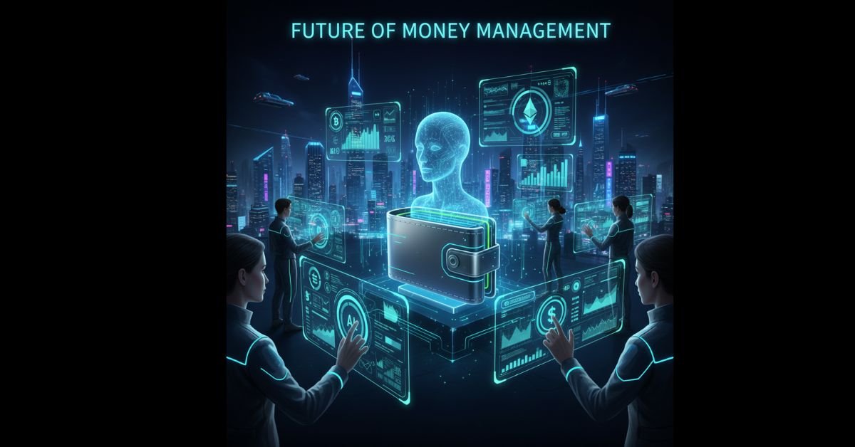 Person using a smartphone and digital wallet interface with automated finance management symbols.