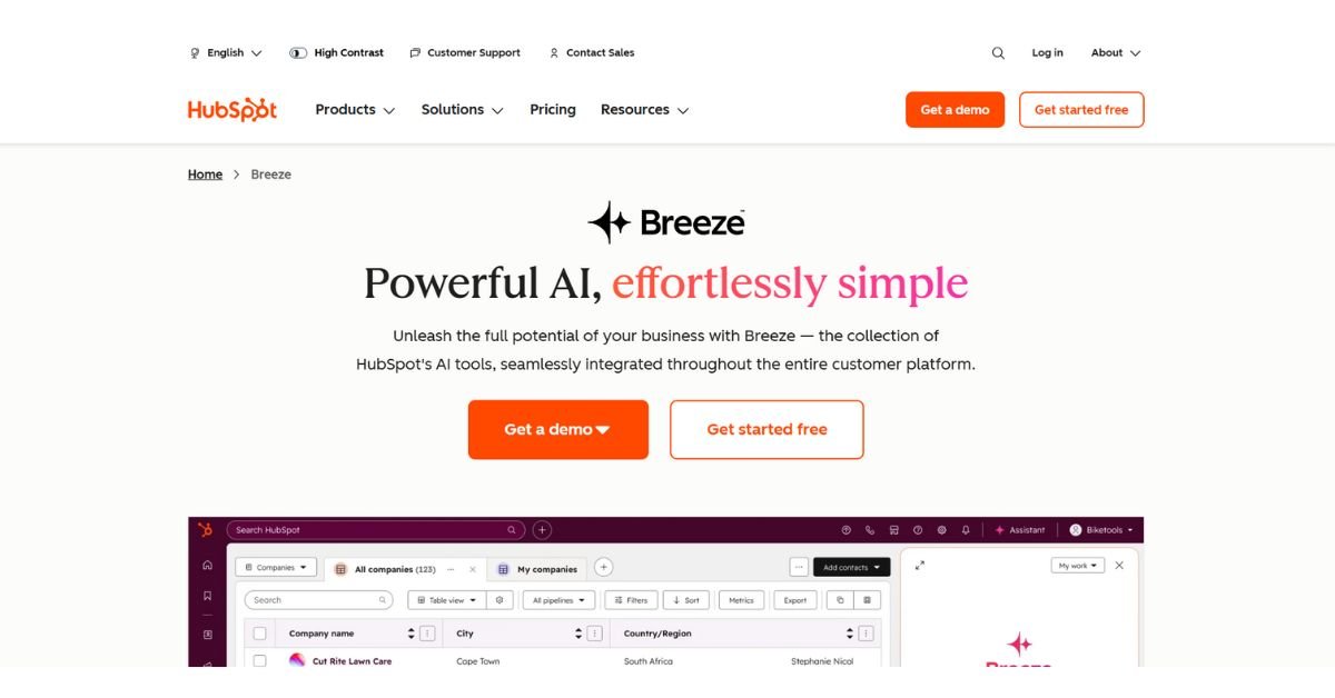 Screenshot of HubSpot AI dashboard with lead analytics and marketing automation tools.