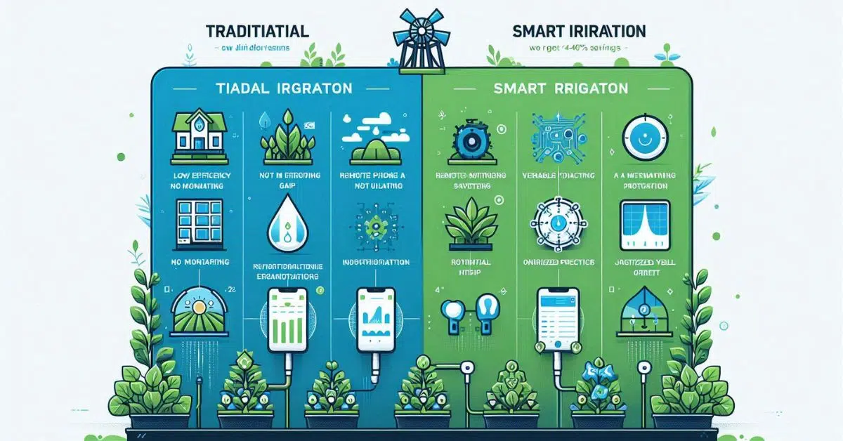 Table graphic comparing traditional irrigation and smart irrigation systems on water efficiency, monitoring, and yield.