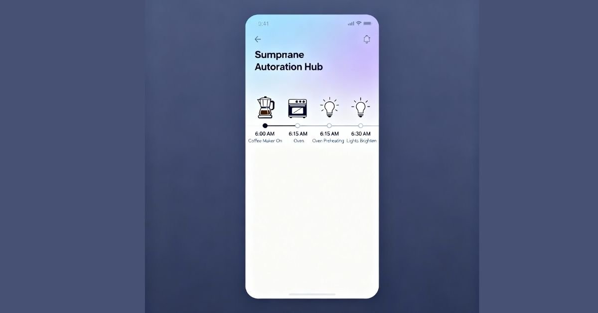 Hub app displaying automation flow for smart kitchen gadgets like coffee maker, oven, and lights.