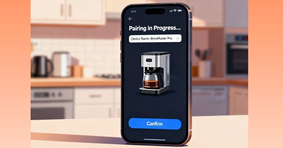 Smartphone screen showing smart kitchen gadget coffee maker pairing interface.