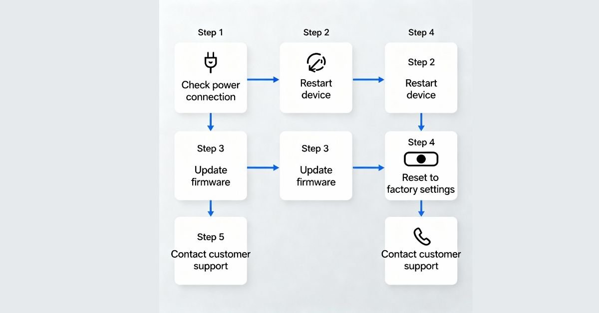 Troubleshooting flowchart showing steps to fix smart kitchen gadgets issues.