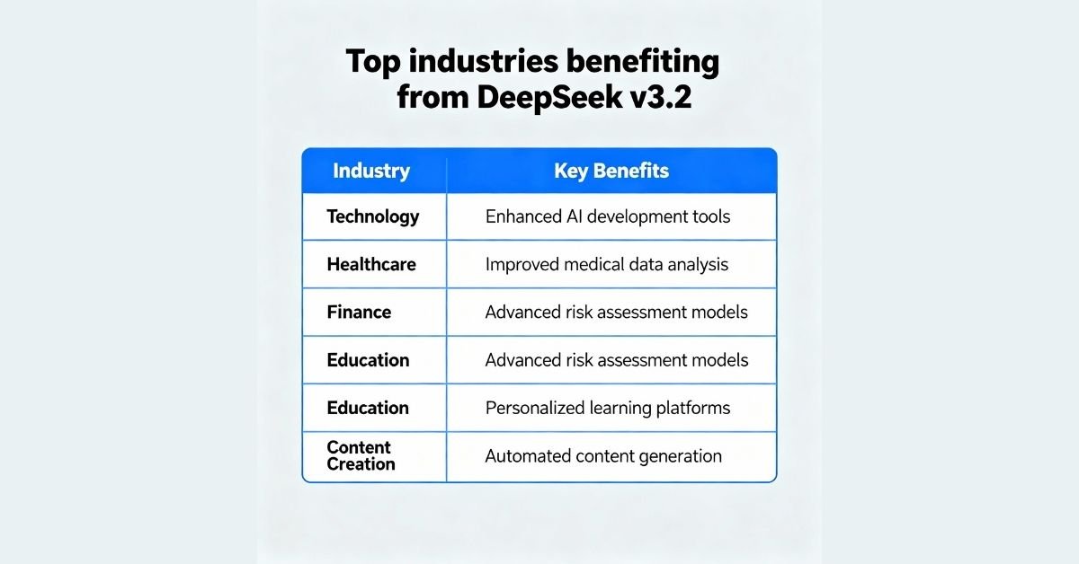 Table showing top industries benefiting from DeepSeek v3.2 applications.